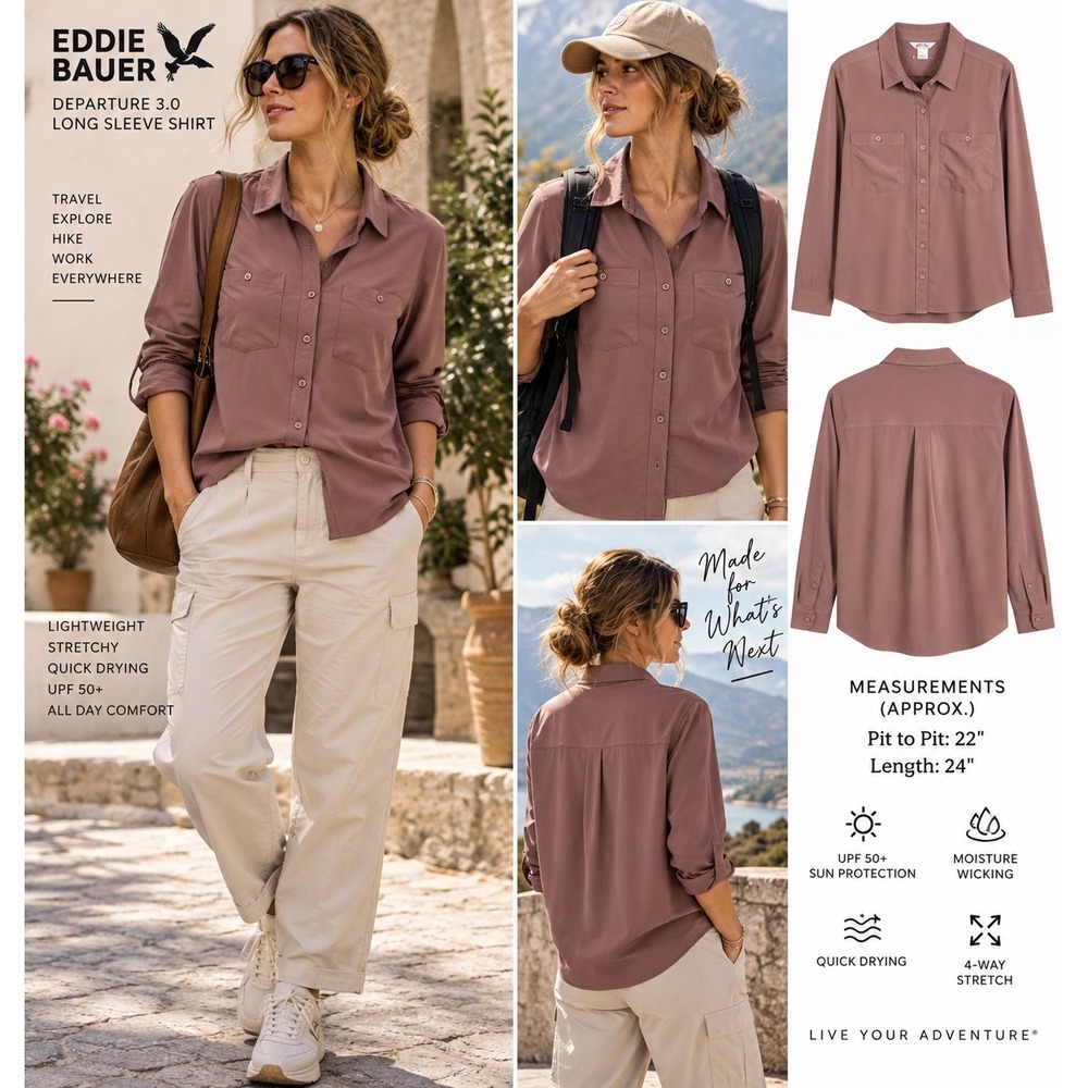 Eddie Bauer Departure 3.0 Shirt Womens L Plum UPF 50+ Stretch Travel NWT Hiking